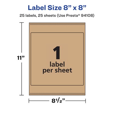 Avery Laser/Inkjet Square Multipurpose Labels, 8" x 8", Kraft Brown, 25 Labels/Pack ( 94108)
