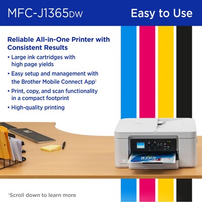 Brother INKvestment MFC-J1365DW Wireless Color All-In-One Inkjet Printer, Best for Home Office