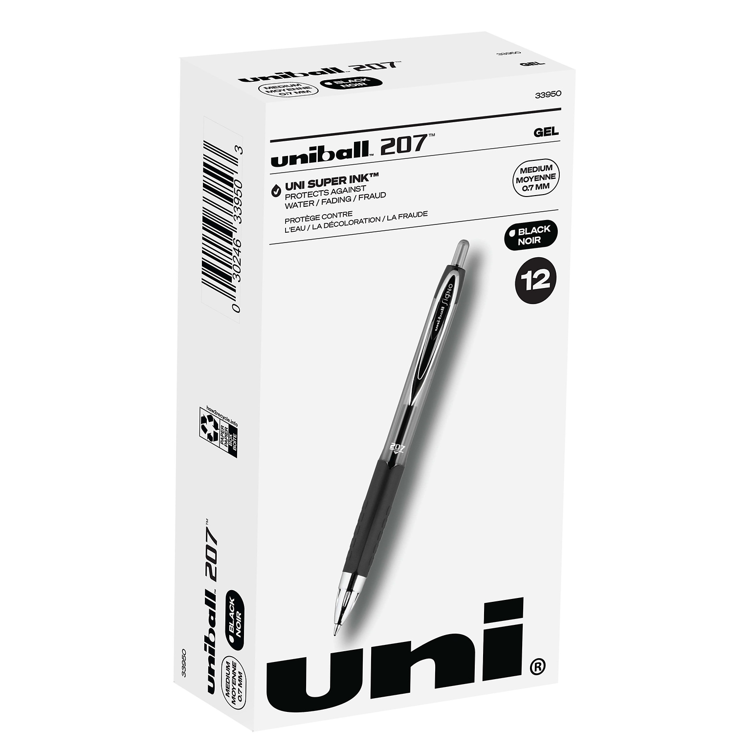uniball 207 Retractable Gel Pens, Medium Point, 0.7mm, Black Ink, 12/Pack (33950)