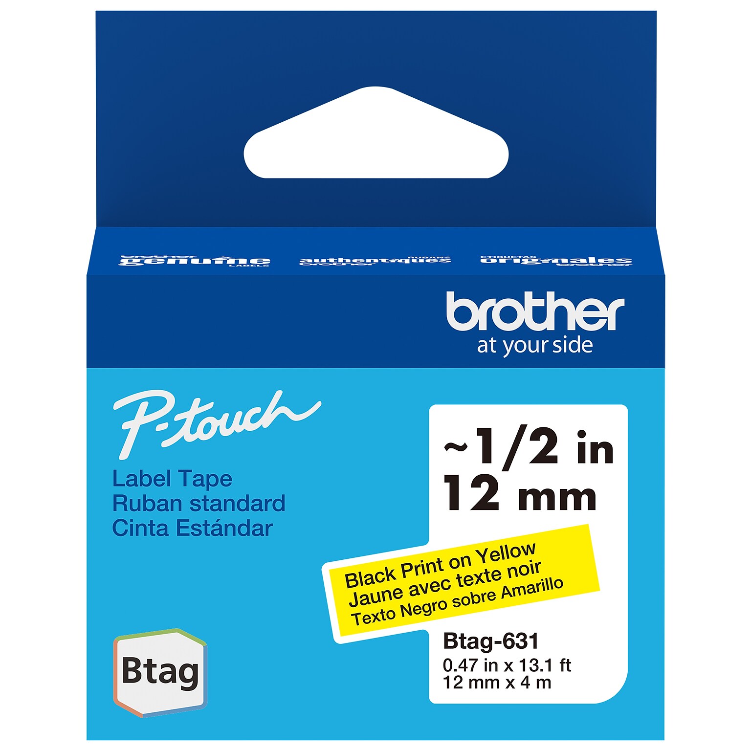 Brother P-touch Btag Label Tape, 1/2 x 13.1 (12mm x 4m), Black on Yellow (BTAG631)