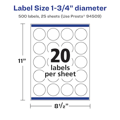 Avery Round Laser/Inkjet Round Multipurpose Labels, 1.75" Dia, White, 500 Labels/Pack (94509)