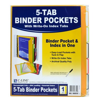 C-Line Poly Binder Pockets With Write-On Index Tabs, 3-Hole Punched, 5 Tabs, Assorted, 5/Pack (CLI06650)