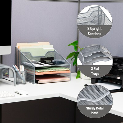 Mind Reader Metal Desktop Organizer Vertical File Holder Paper Letter Tray, Silver (MESHBOX5-SIL)