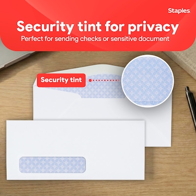 Staples Security Tinted #10 Window Envelopes, 4 1/8" x 9 1/2", White Wove, 500/Box (ST50152-CC)
