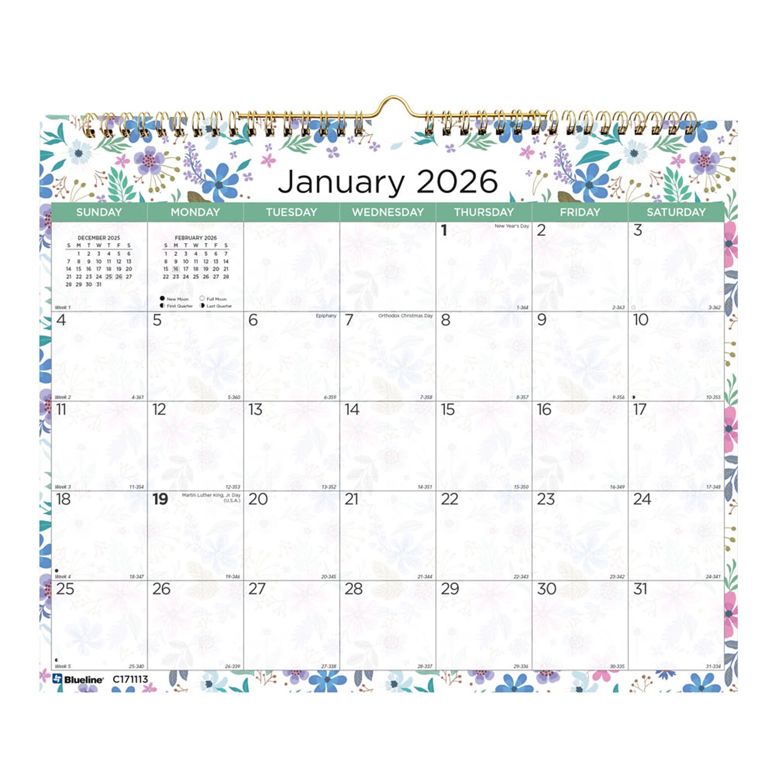 2026 Blueline Wildflowers 15 x 12 Monthly Wall Calendar (C171113)