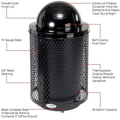 Global Industrial Outdoor Diamond Steel Trash Can w/ Dome Lid & Base, 36 Gallon, Black (261948BKD)