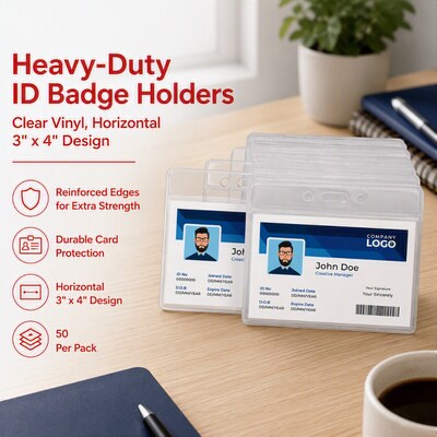 Staples Heavy-Duty ID Badge Holders, Clear Vinyl, Horizontal 3" x 4" Design, Reinforced Edges, Durable Card Protection, 50/Pack