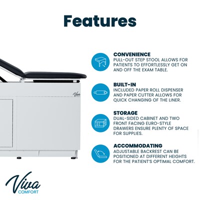 Viva Comfort Adjustable Exam Table with Stirrups & Storage, 500 lbs. Capacity, Black (ADI996-09-SSU2-BLK-MK)