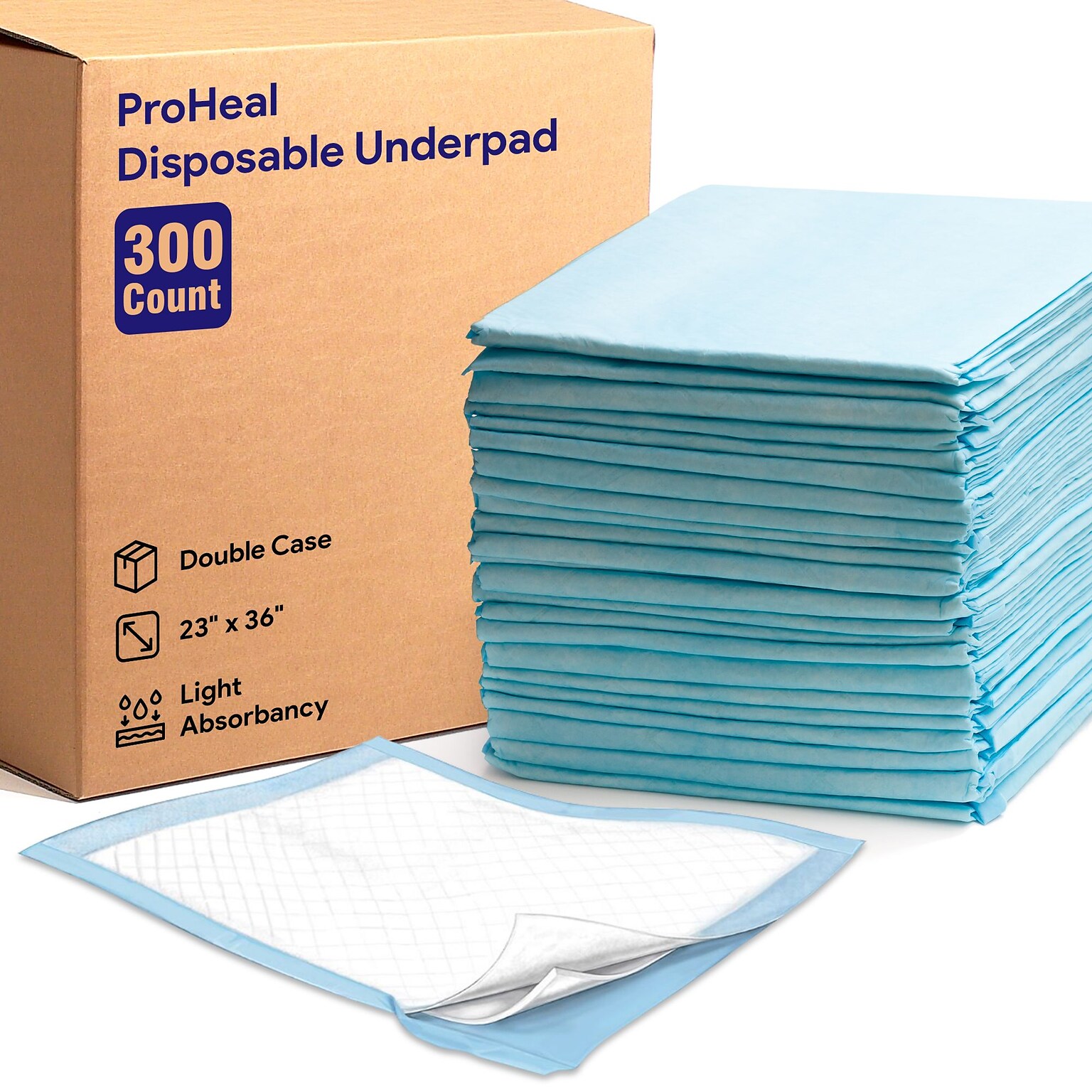 ProHeal Basic Light Fluff Incontinence Underpads, Overnight Moisture & Odor Lock, 23 x 36, 300/Pack (PH-7174-DCS)