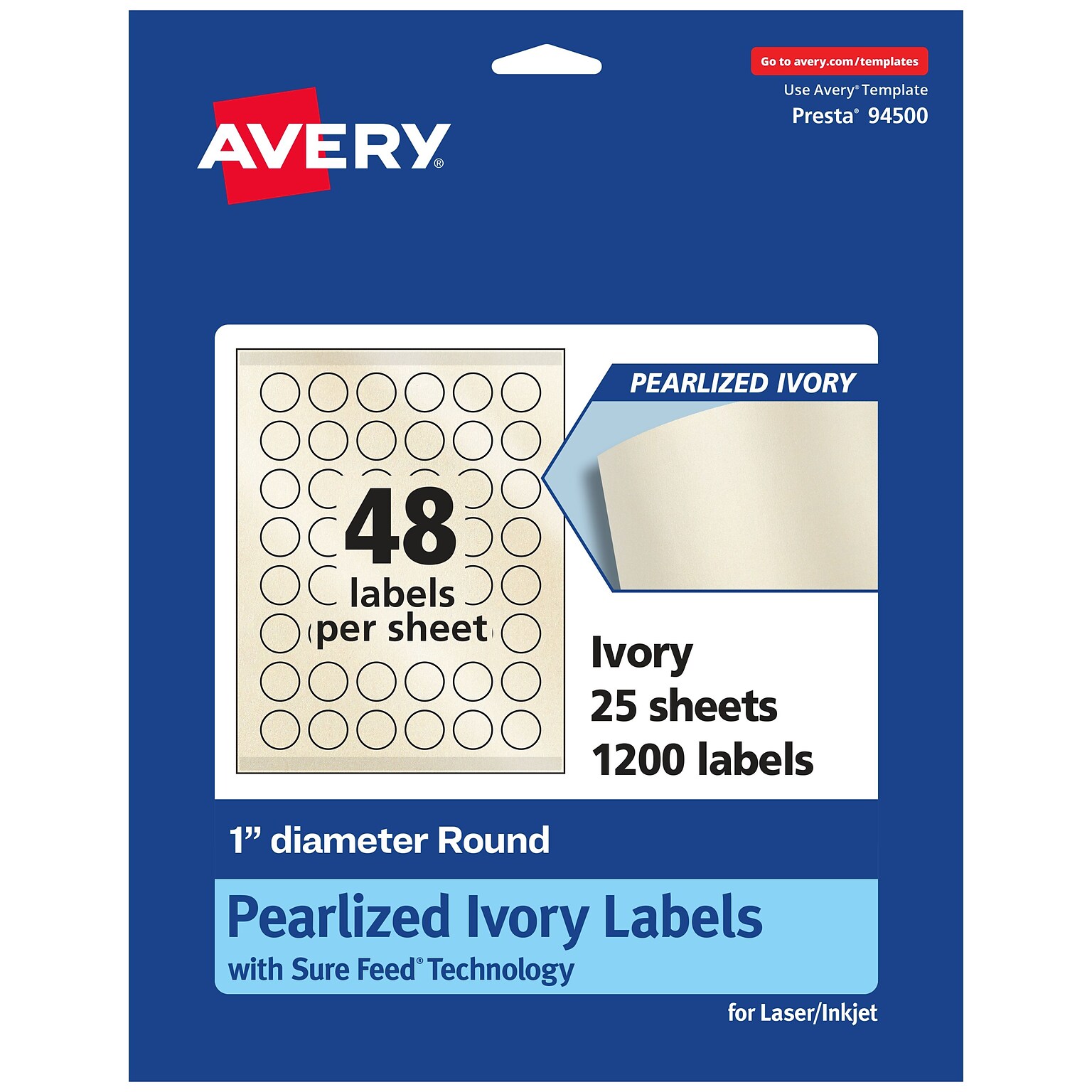 Avery Laser/Inkjet Round Multipurpose Labels, 1 Dia., Ivory, 1,200 Labels/Pack (94500)