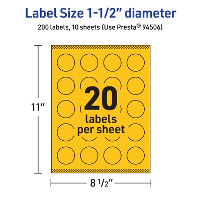 Avery Laser/Inkjet Round Multipurpose Labels, 1.5" Dia., Bright Yellow, 200/Pack (94506)