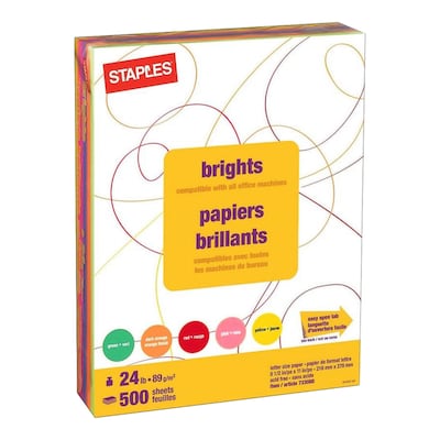 Staples Brights Multipurpose Paper 8.5 x 11 Inch 24 lb Assorted Color Sheets, 500 Ream