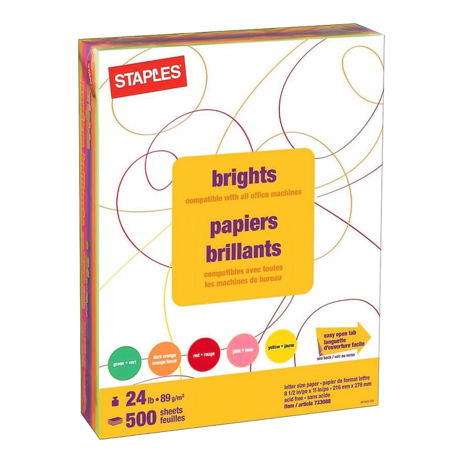 Staples Brights Multipurpose Paper 8.5 x 11 Inch 24 lb Assorted Color Sheets, 500 Ream