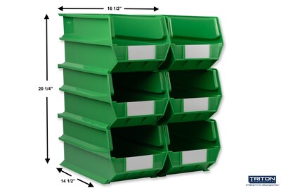 Triton Products LocBin Extra Large Stackable Plastic Storage Bin, 7 x 8.25x 14.75, 14.75 Qt., Green, 6/Pack (3-240GRN)