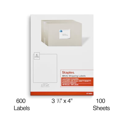 Staples® Laser/Inkjet Shipping Labels, 3 1/3" x 4", White, 6 Labels/Sheet, 100 Sheets/Pack, 600 Labels/Box (ST18061-CC)