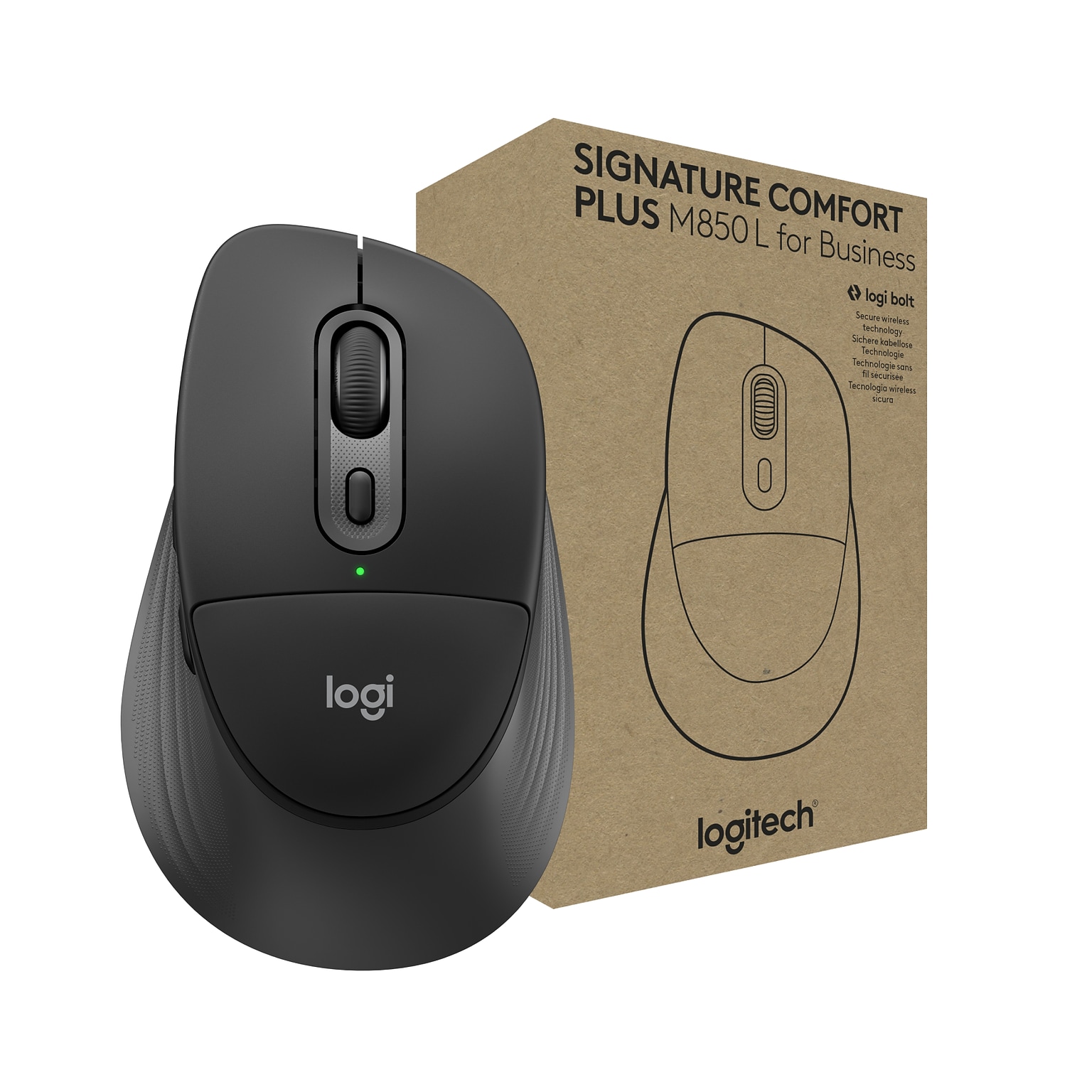 Logitech Signature Comfort Plus M850 L for Business Wireless Curved Ergonomic USB-C Optical Mouse, Graphite (910-007703)