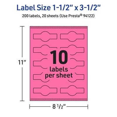 Avery Laser/Inkjet Cigar Multipurpose Labels, 1.5" x 3.5", Bright Pink, 200/Pack (94122)