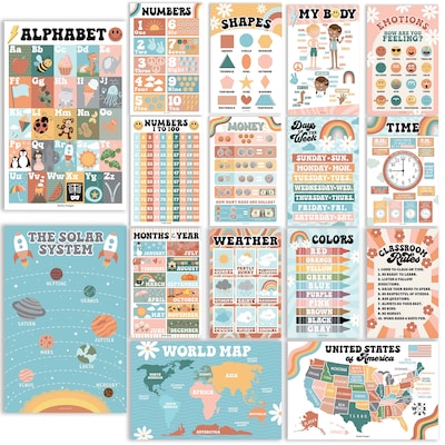 Hadley Designs 17 x 11 Retro Boho Preschool Educational Posters For Toddlers, Laminated, 16/Set (H