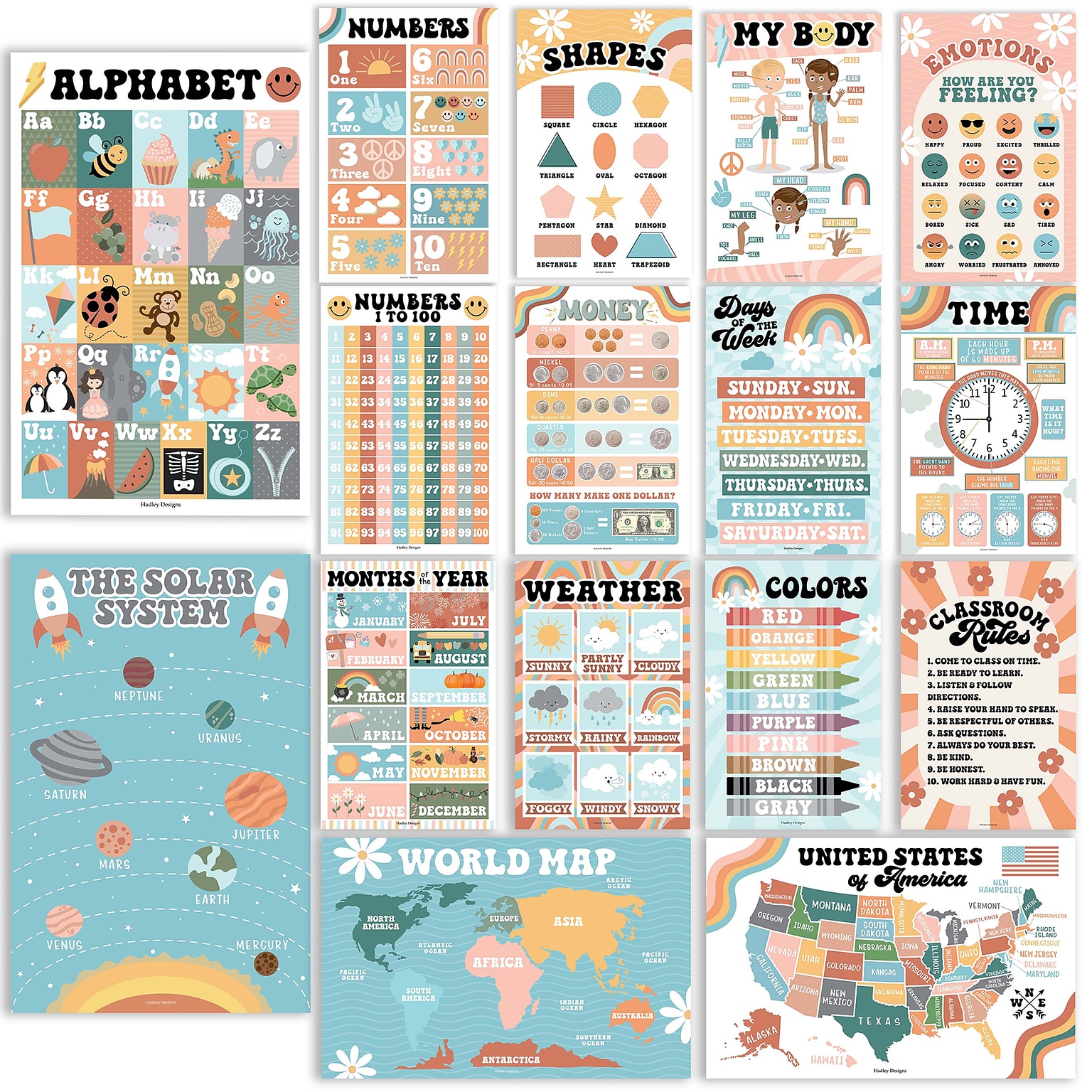 Hadley Designs 17 x 11 Retro Boho Preschool Educational Posters For Toddlers, Laminated, 16/Set (HDDX004ACFGE5)