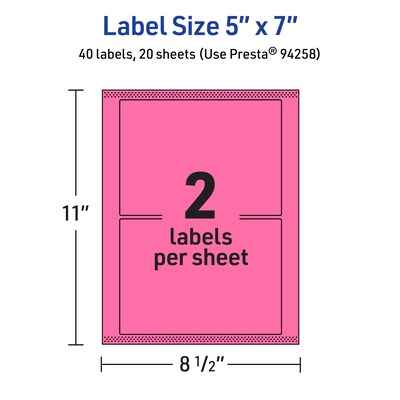 Avery Laser/Inkjet Rectangle Multipurpose Labels, 5" x 7", Bright Pink, 40/Pack (94258)