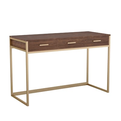 Martha Stewart Ollie 47W Home Office Desk with 3 Drawers, Walnut/Polished Brass (ZGZP028BRGLD)