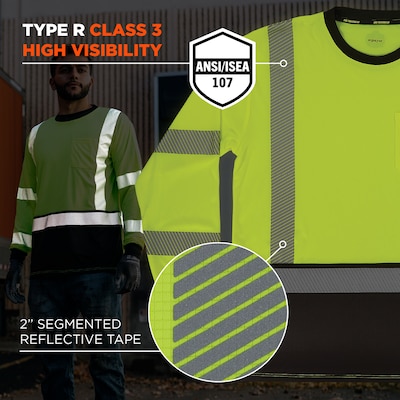 Ergodyne GloWear 8371BK High Visibility Long Sleeve Black Bottom T-Shirt, ANSI Type R Class 3, Lime, Large (22294)