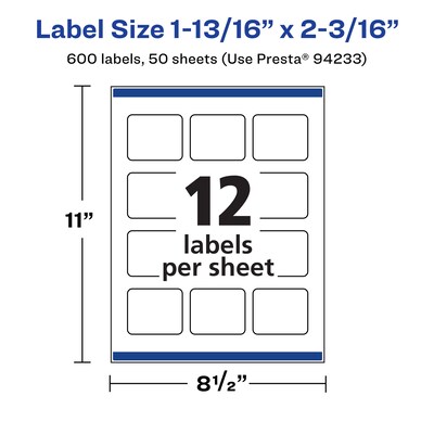 Avery Laser/Inkjet Rectangle Multipurpose Labels, 1-13/16" x 2-3/16", White, 600 Labels/Box (94233)