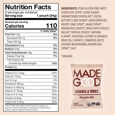 Madegood Chocolate Chip Granola Minis, 0.85 oz., 5/Pack, 6 Packs/Carton (307-00404)