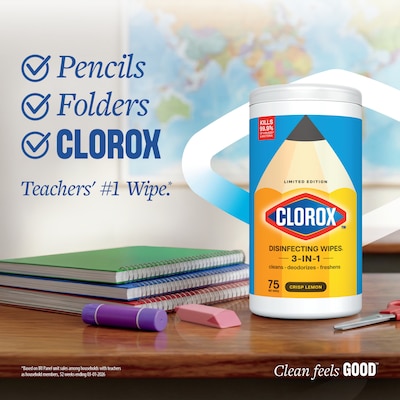 Clorox Disinfecting Wipes, Fresh/Crisp Lemon Scent, 75 Wipes/Container, 3/Pack (30208)