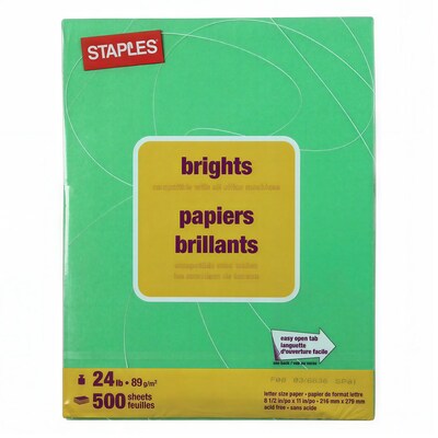 Staples Brights Multipurpose Paper, 24 lbs., 8.5 x 11, Dark Green, 500/Ream (20103)