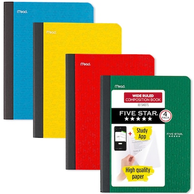Five Star Composition Book Plus Study App, Wide Ruled, 80 Sheets, 7.5 x 9.75, 4 Pack, Assorted Colors (950033B)