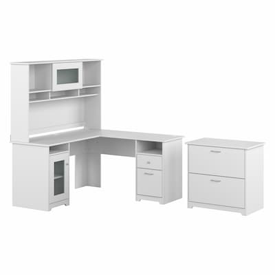 Bush Furniture Cabot 60 L-shaped Computer Desk with Hutch and Lateral File Cabinet, White (CAB005WH