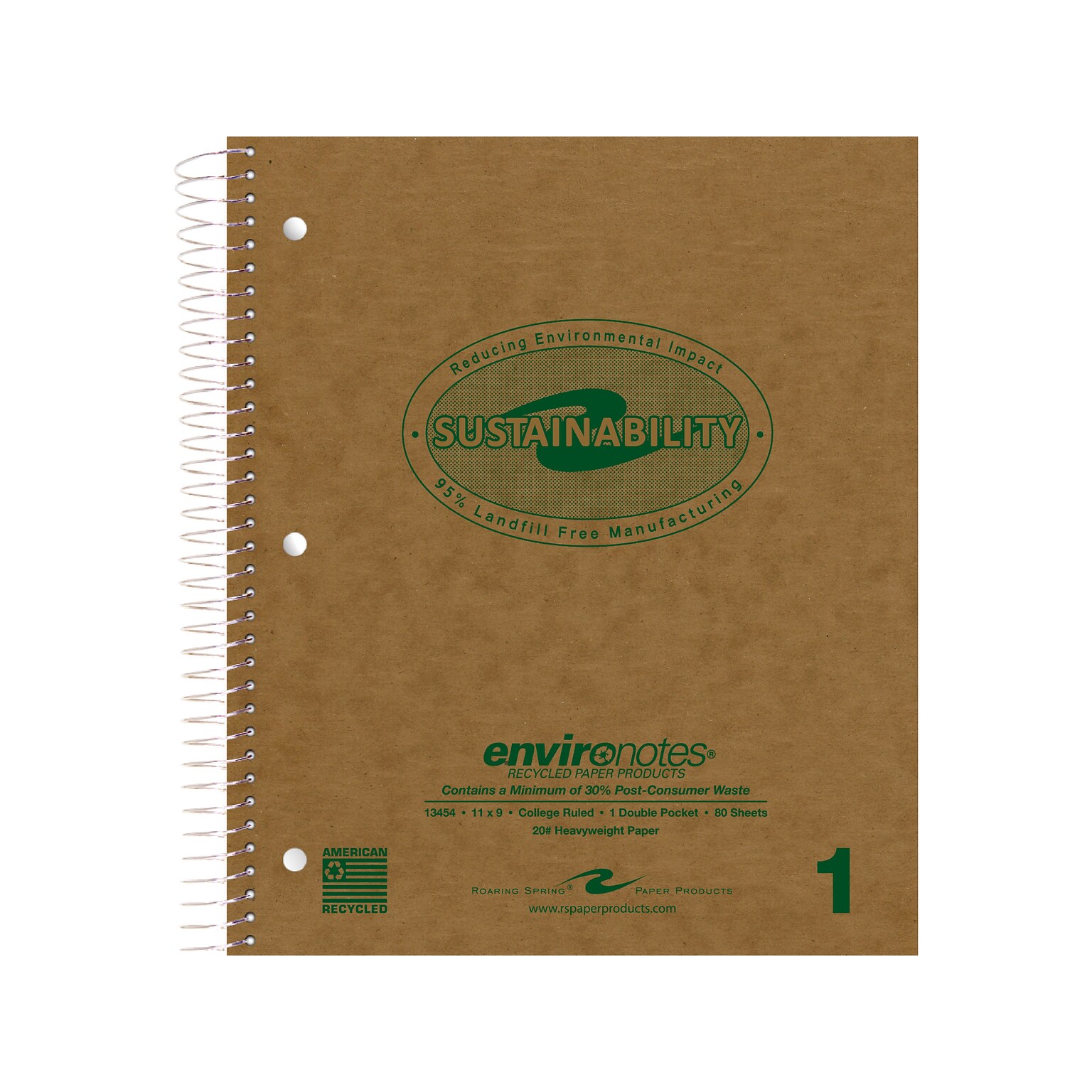 Roaring Spring Paper Products Environotes 1-Subject Notebooks, 9 x 11, College Ruled, 80 Sheets, Brown, 24/Pack (13454CS)