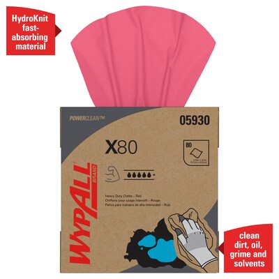 WypAll PowerClean X80 Cloths, 8.34" x 16.8", Red, 80 Sheets/Box, 5 Boxes/Carton (05930)