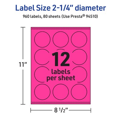 Avery Laser/Inkjet Round Multipurpose Labels, 2.25" Dia., Neon Magenta, 960/Box (94510)