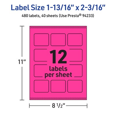 Avery Rectangle Laser/Inkjet Multipurpose Labels, 1-13/16" x 2-3/16", Neon Magenta (480/Box)