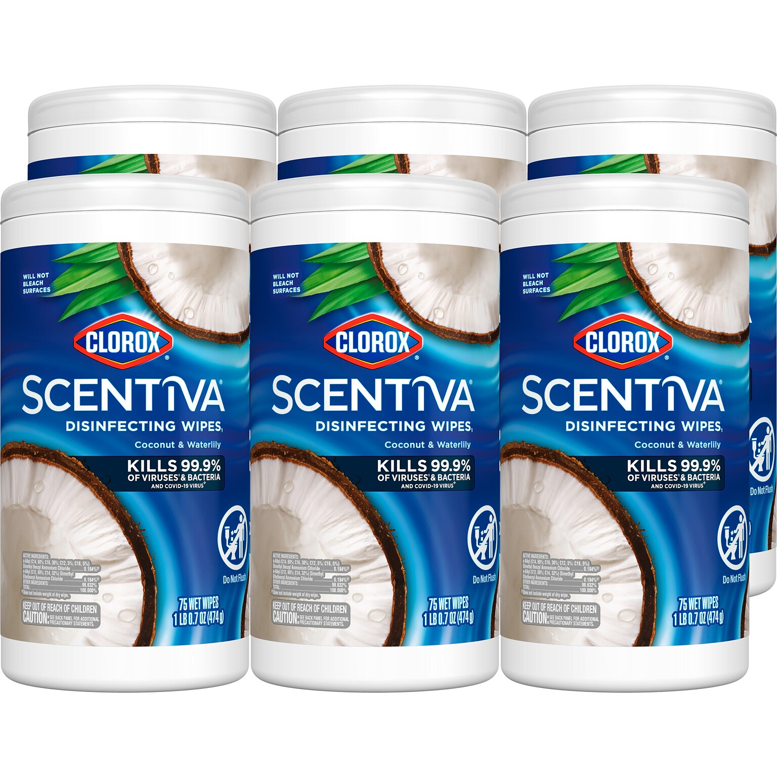 Clorox Scentiva Disinfecting Wipes, Pacific Breeze & Coconut Scent, 75 Wipes/Container, 6/Carton (60037CT)