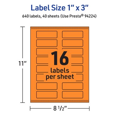 Avery Laser/Inkjet Multipurpose Rectangle Labels, 1" x 3", Bright Orange, 640/Pack (94224)