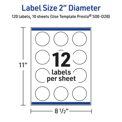 Avery Laser/Inkjet Circle Multipurpose Labels, 2" Dia., White, 120/Pack (S00-D2B)