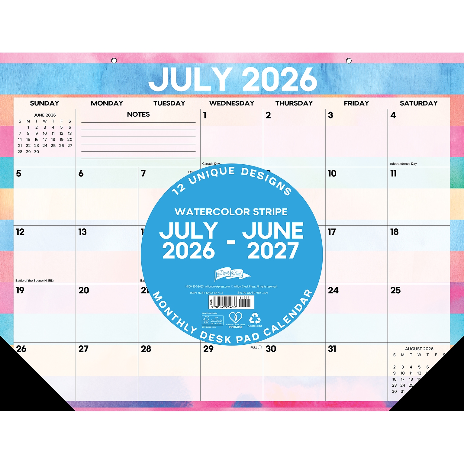 2026-2027 Willow Creek 22 x 17 Academic Monthly Desk Pad Calendar, Watercolor Stripe (64733)