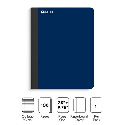 Staples Premium Composition Notebook, 7.5 x 9.75, College Ruled, 100 Sheets, Blue (ST58343)