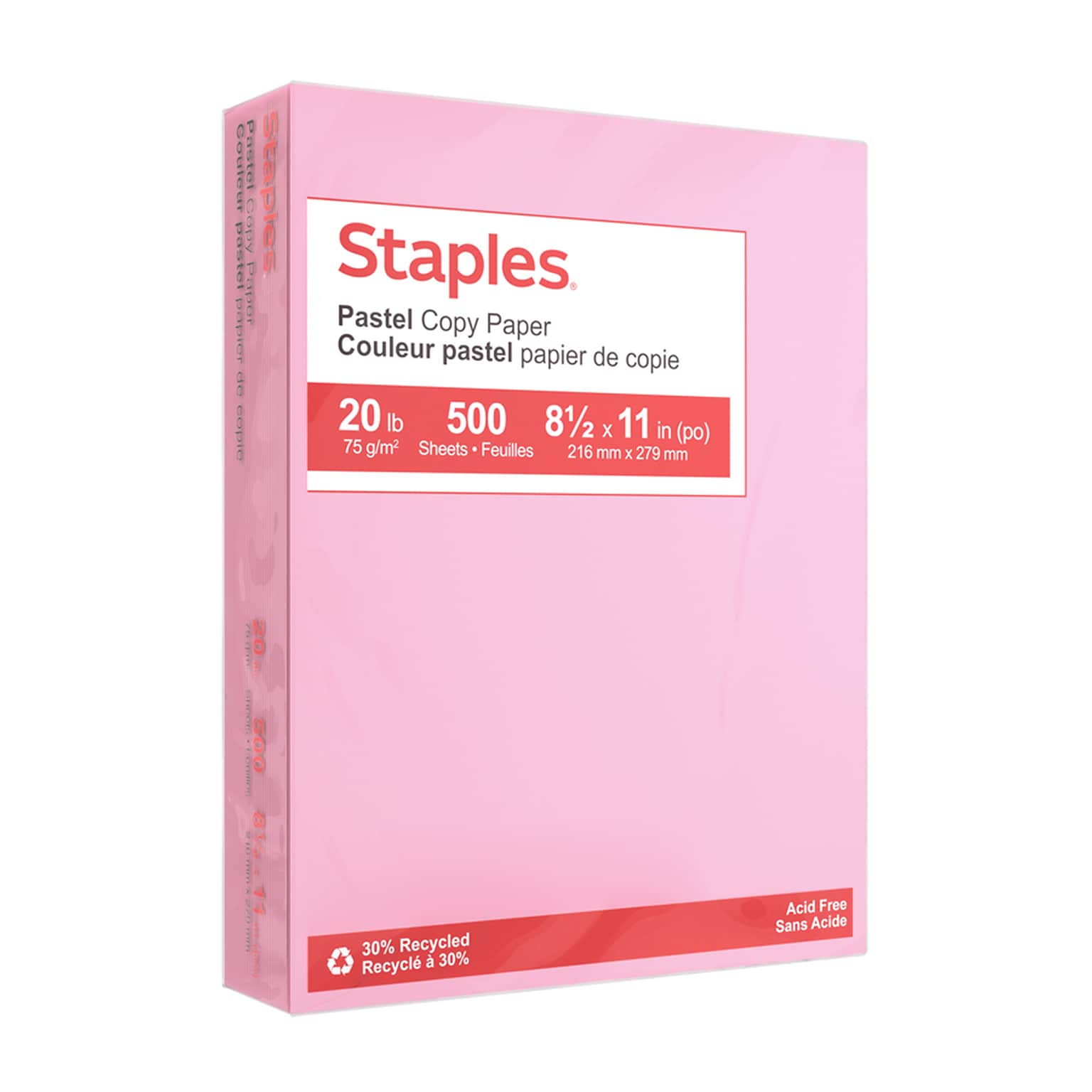 Staples Pastel 30% Recycled Color Copy Paper, 20 lbs., 8.5 x 11, Pink, 500/Ream (14779)