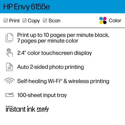 HP Envy 6155e Wireless All-in-One Color Inkjet Printer, Scanner, Copier, Best for Home, 3 months FREE ink with HP+ (714L5A)