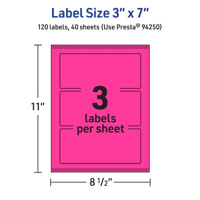 Avery Laser/Inkjet Rectangle Multipurpose Labels, 3" x 7", Neon Magenta, 120/Pack (94250)