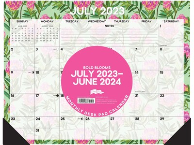 2023-2024 Willow Creek Bold Blooms 22" x 17" Academic Monthly Desk Pad Calendar, Green/Pink (38376)