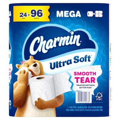 Charmin Ultra Soft Mega Toilet Paper, 2-Ply, White, 208 Sheets/Roll, 24 Rolls/Case (88000)
