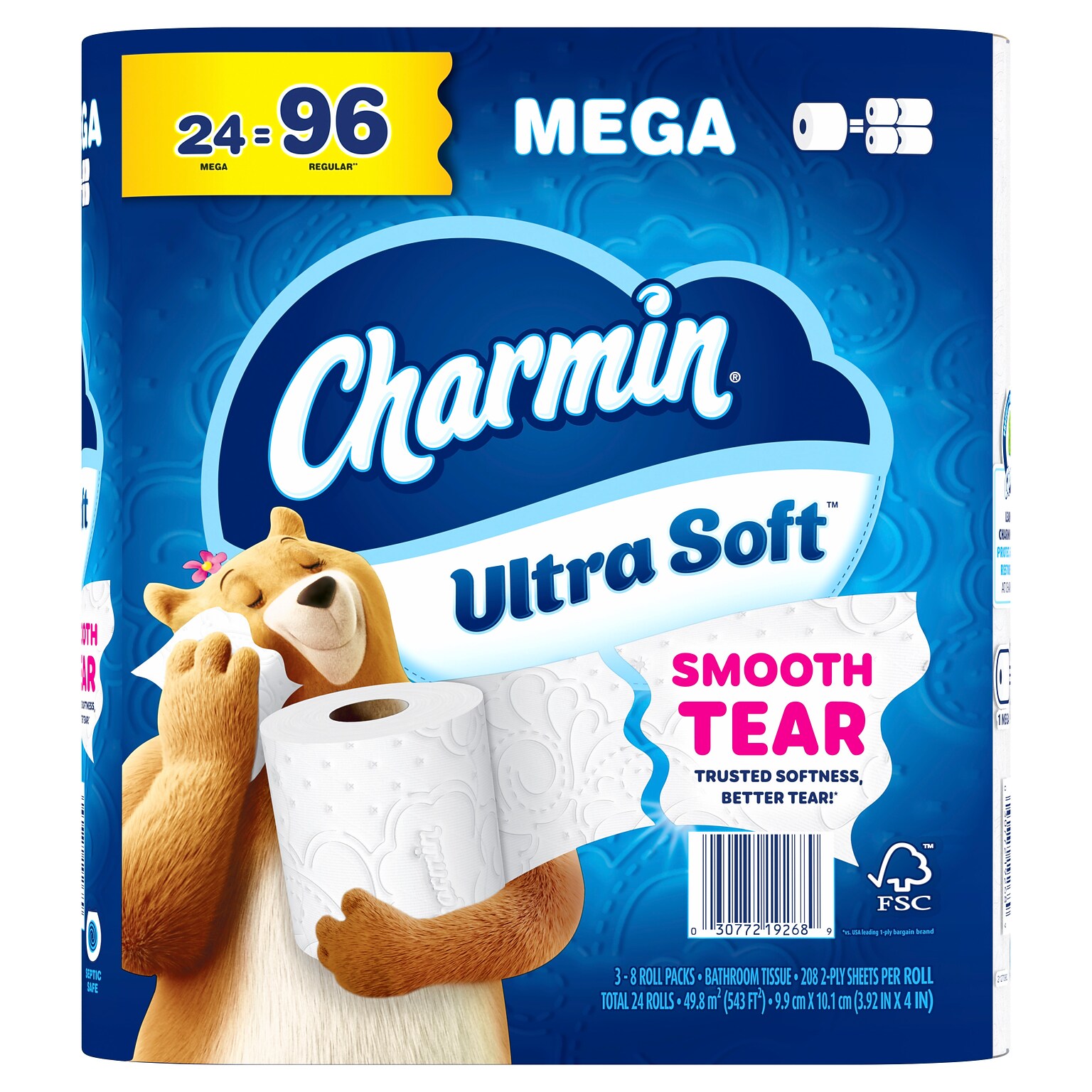 Charmin Ultra Soft Mega Toilet Paper, 2-Ply, White, 208 Sheets/Roll, 24 Rolls/Case (88000)