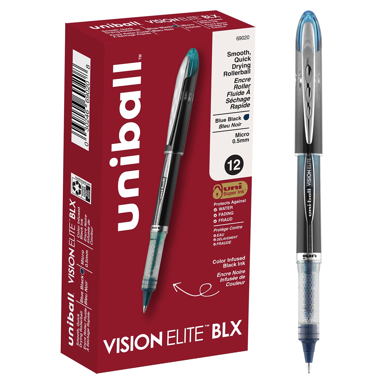 uni-ball VISION ELITE BLX Rollerball Pens, Micro Point, Blue/Black Ink, 12/Pack (69020)