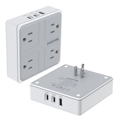 Overtime E63 7-in-1 Wall Outlet Surge Protector Extender with 4 AC Outlets, 2 USB-A & 1 USB-C Ports, White (OWPE63WH)