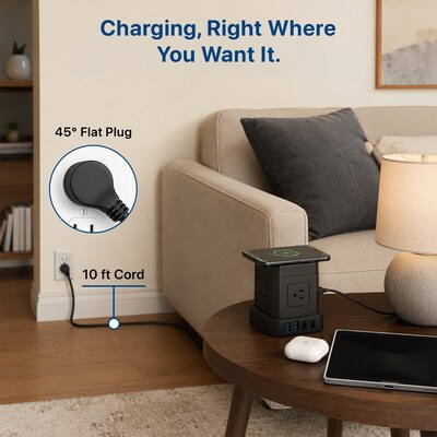 Uncaged Ergonomics Wireless Cube Power Strip with 15W Wireless Charger, 4 AC Outlets, 4 USB Ports, 10' Cord, Black (WC-10-B)